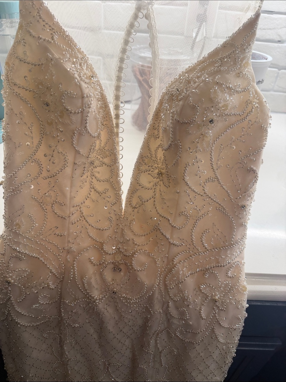 Beaded Ivory V-Neck Wedding Gown with Scrolling Floral Embroidery